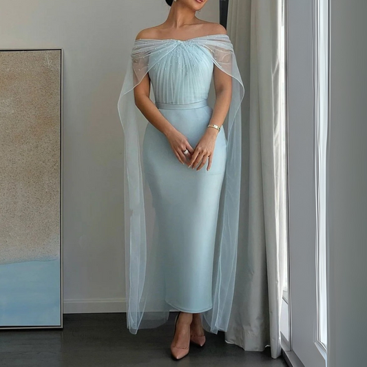 Baby Blue Satin Sparkly Mesh Cap Sleeves Pleated Dress