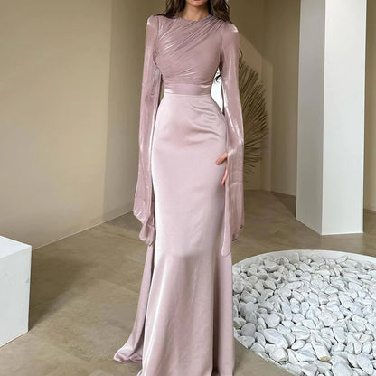 Baby Pink Elegant Pleated Batwing Sleeve Maxi Dress, Full Shot
