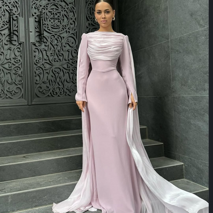 Baby Pink Modest Chiffon Pleated Cape Evening Dress, Front