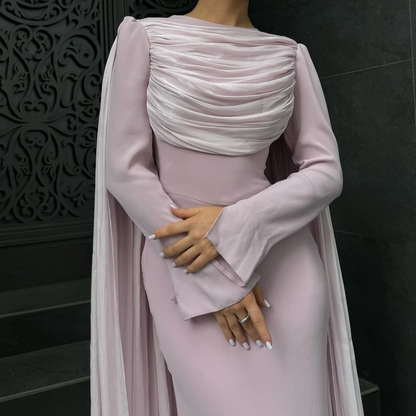 Baby Pink Modest Chiffon Pleated Cape Evening Dress, Close Up
