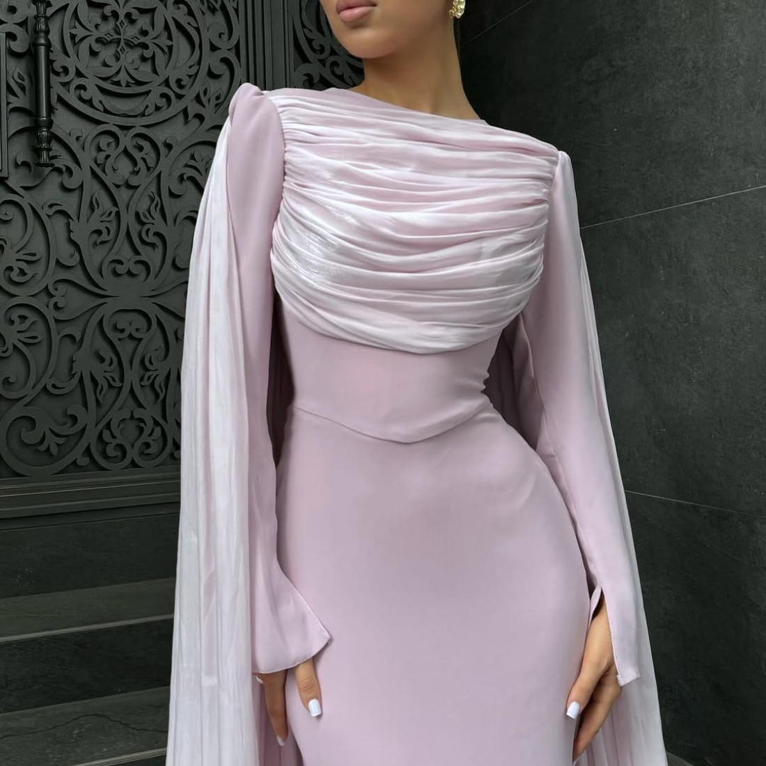 Baby Pink Modest Chiffon Pleated Cape Evening Dress, Close Up