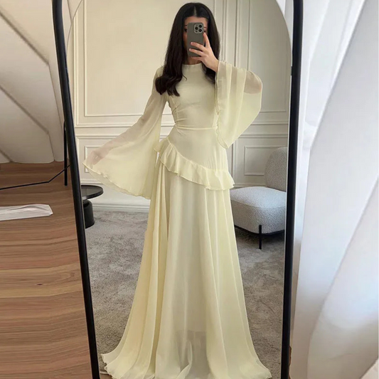 Light Yellow Modest Chiffon Flare Sleeves A-Line Long Dress