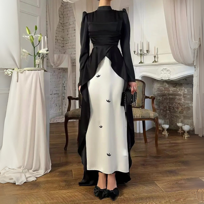 Black High Neck Satin Pleated Modest Train Evening Dress