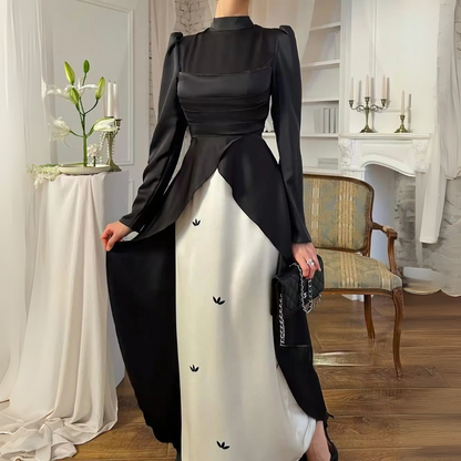 Black High Neck Satin Pleated Modest Train Evening Dress, Front