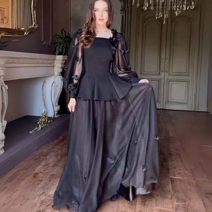 Black Modest Flower Square Neck A-Line Long Dress, Full Shot
