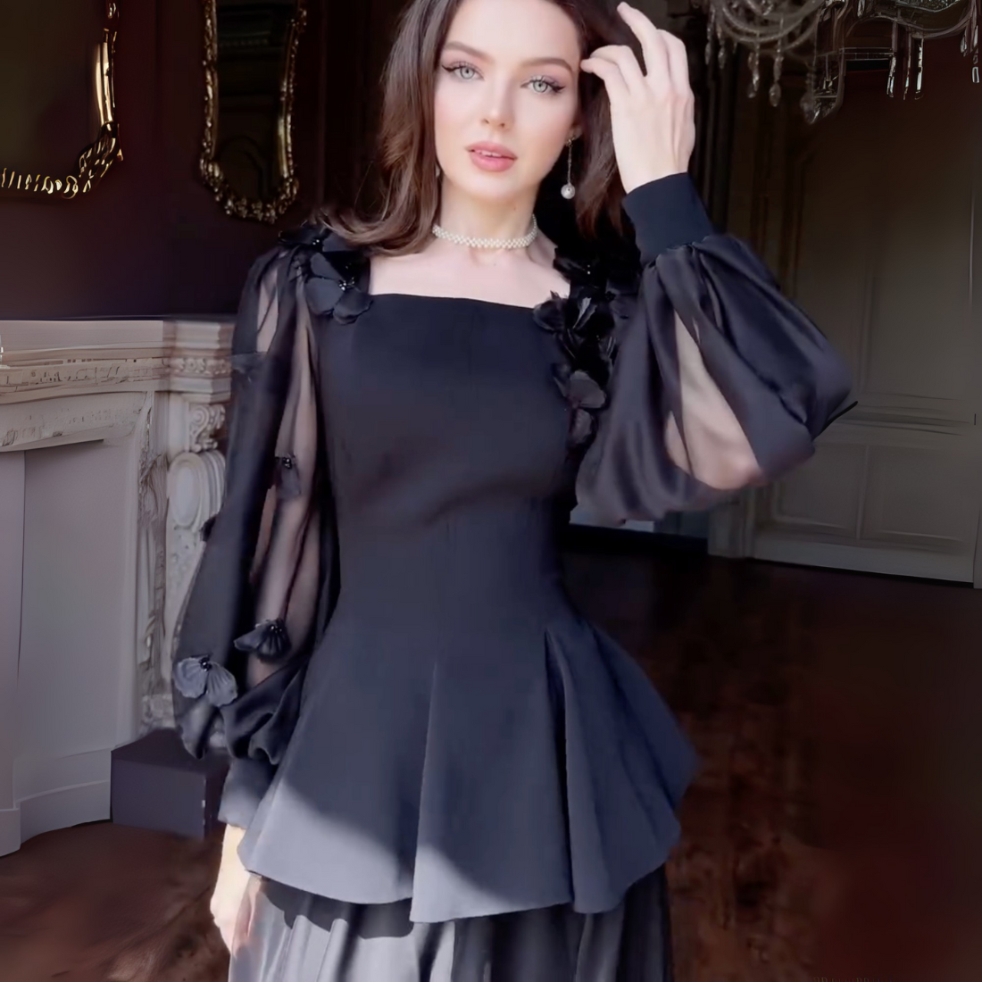 Black Modest Flower Square Neck A-Line Long Dress, Close Up
