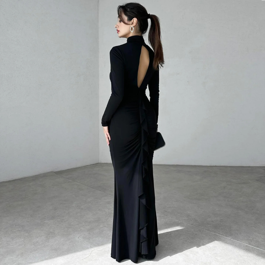 Black Pleated High Neck Modest Long Dress, Back