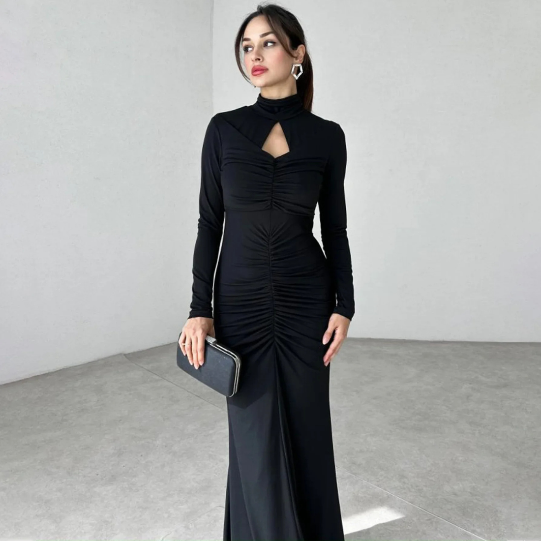 Black Pleated High Neck Modest Long Dress