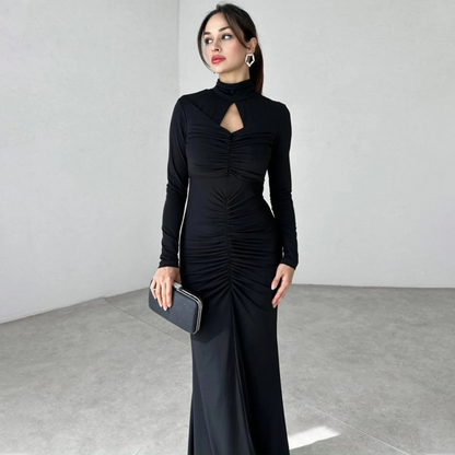 Black Pleated High Neck Modest Long Dress