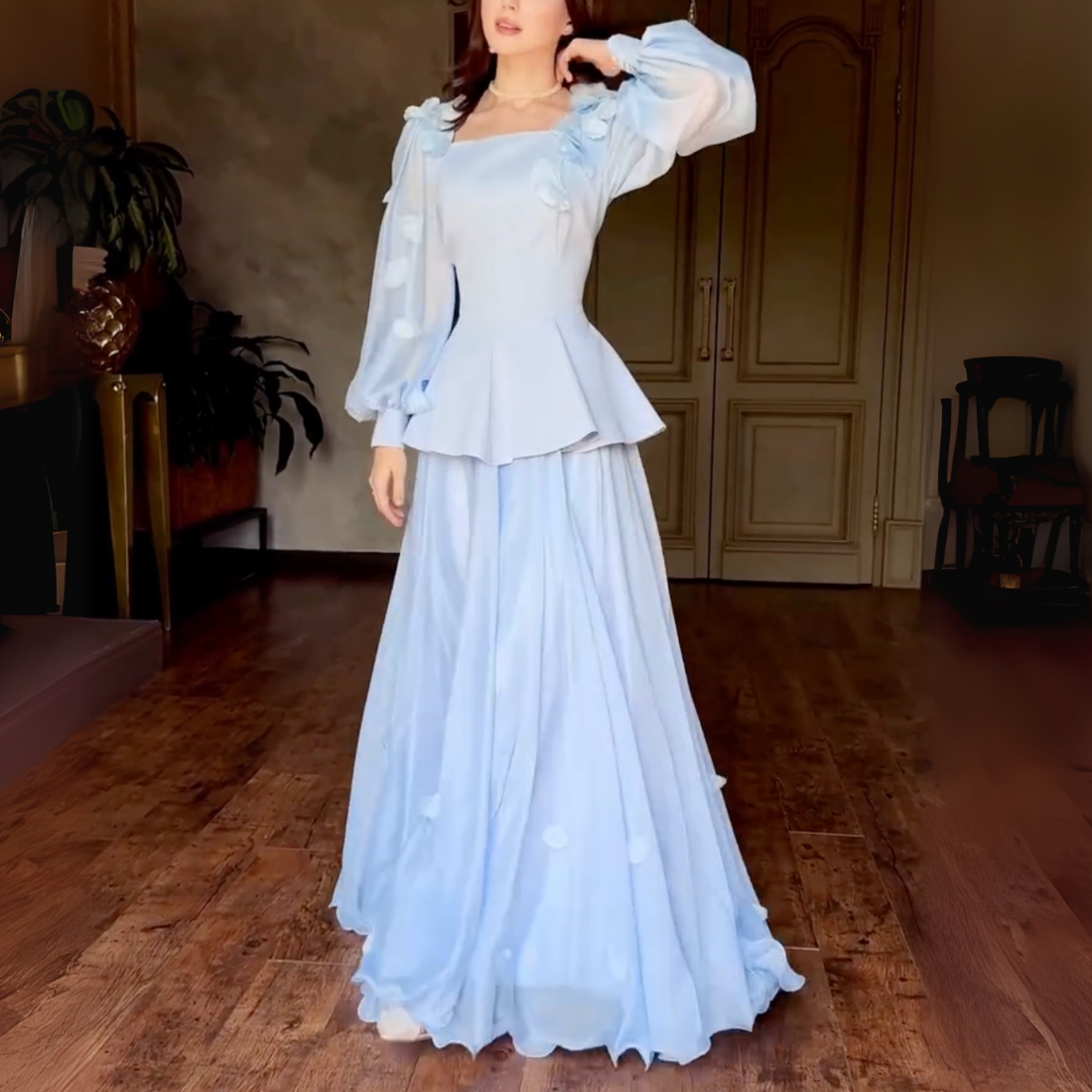 Light Blue Modest Flower Square Neck A-Line Long Dress