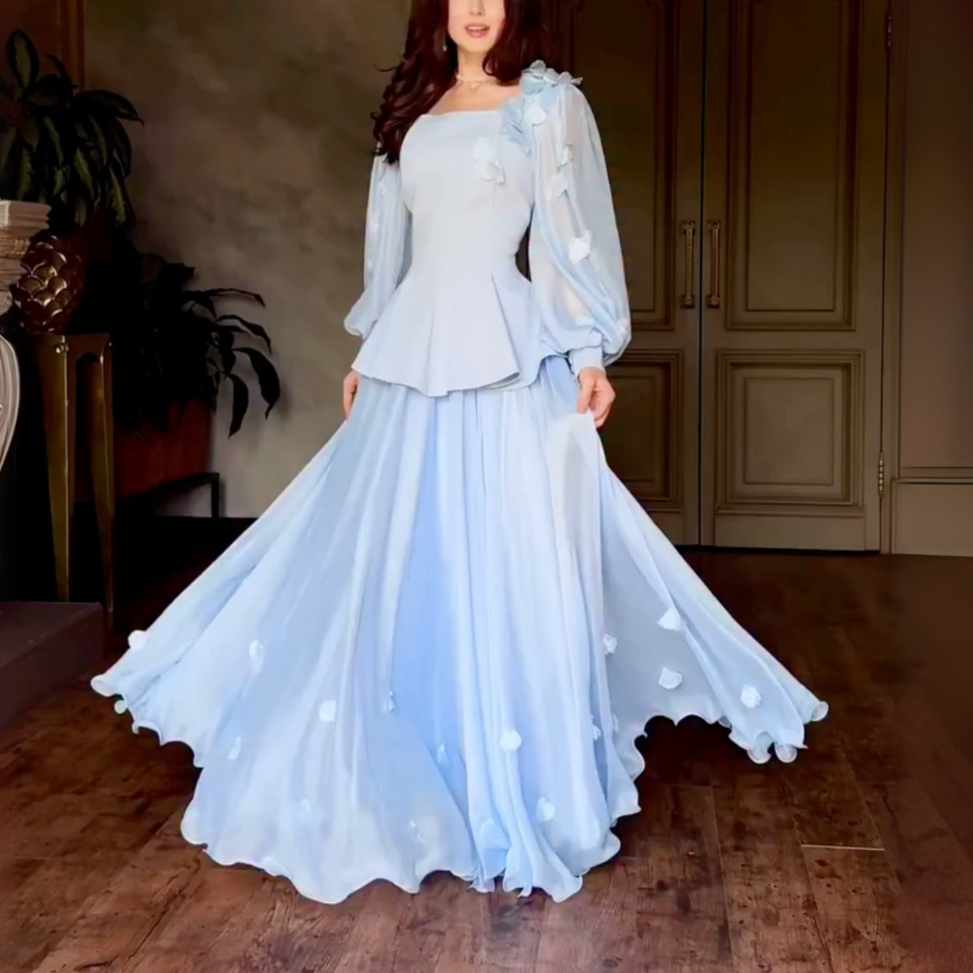Light Blue Modest Flower Square Neck A-Line Long Dress, Full Shot
