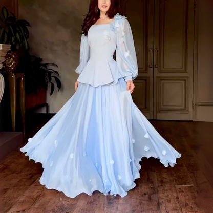 Light Blue Modest Flower Square Neck A-Line Long Dress, Full Shot