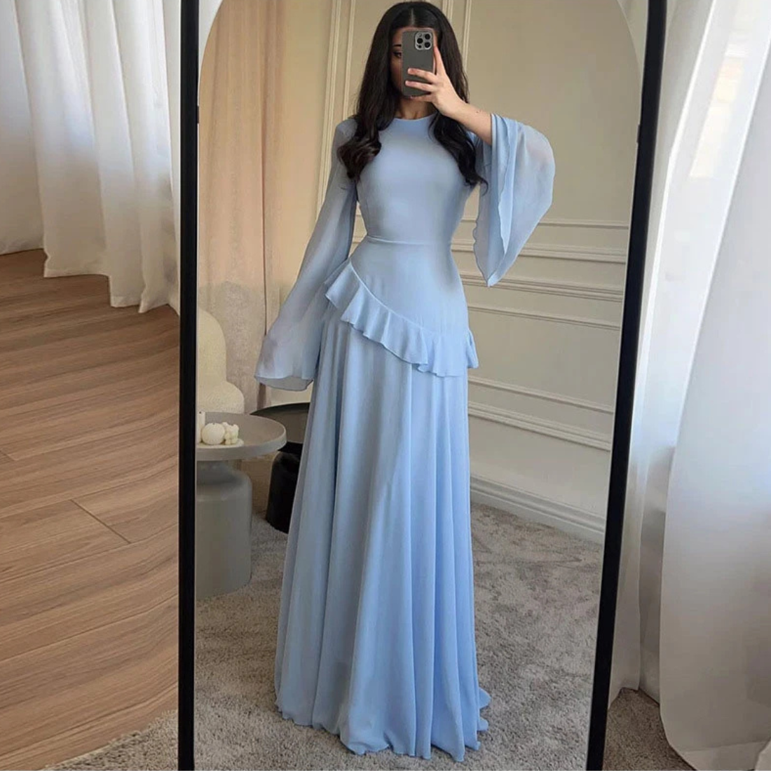 Light Blue Modest Chiffon Flare Sleeves A-Line Long Dress