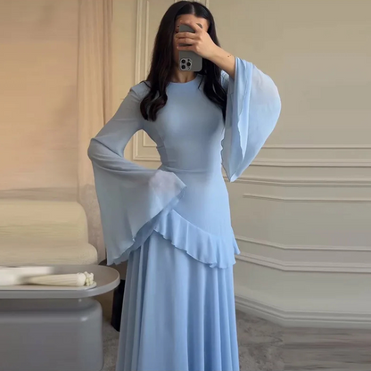 Light Blue Modest Chiffon Flare Sleeves A-Line Long Dress, Close Up
