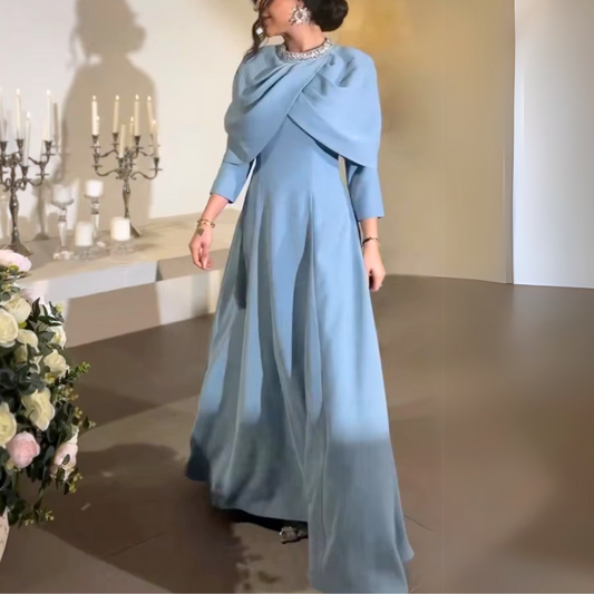 Blue Modest Shawl Cross Design Long Dress, Front