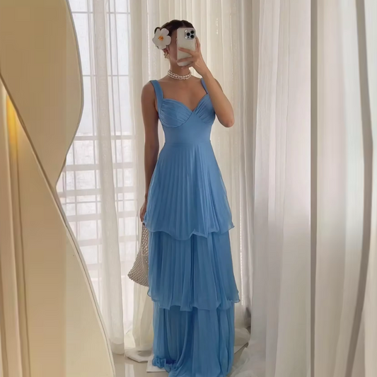 Blue Sweetheart Neck Ruffle Layered Floor Length Dress, Front