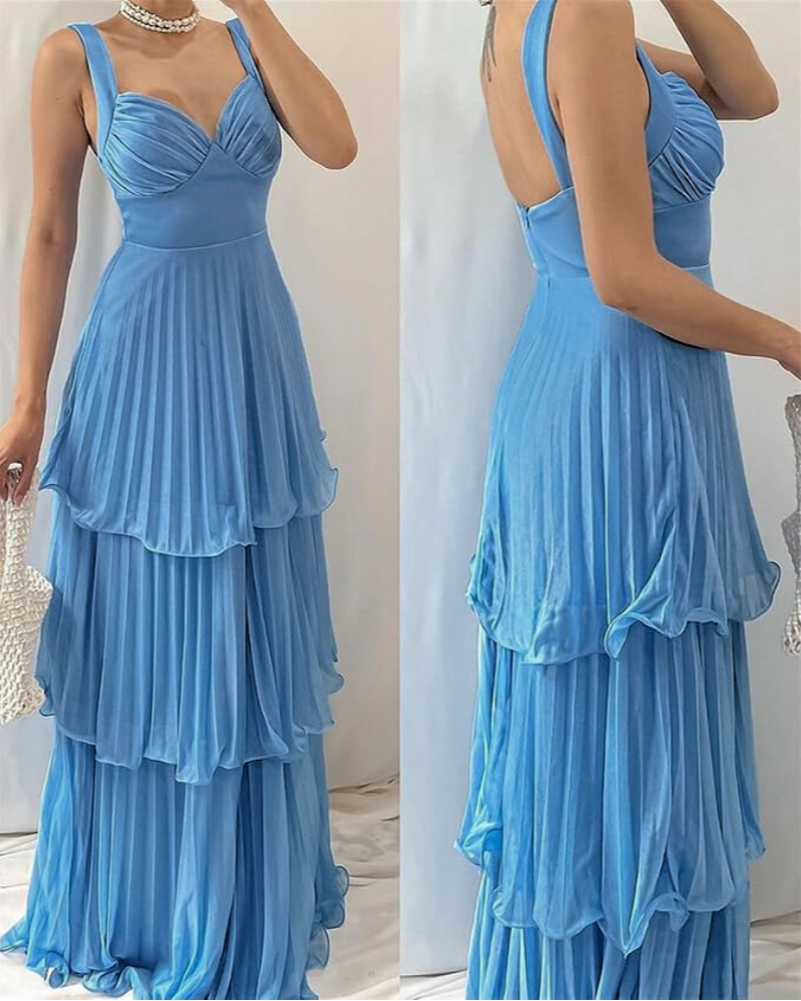 Blue Sweetheart Neck Ruffle Layered Floor Length Dress, Left