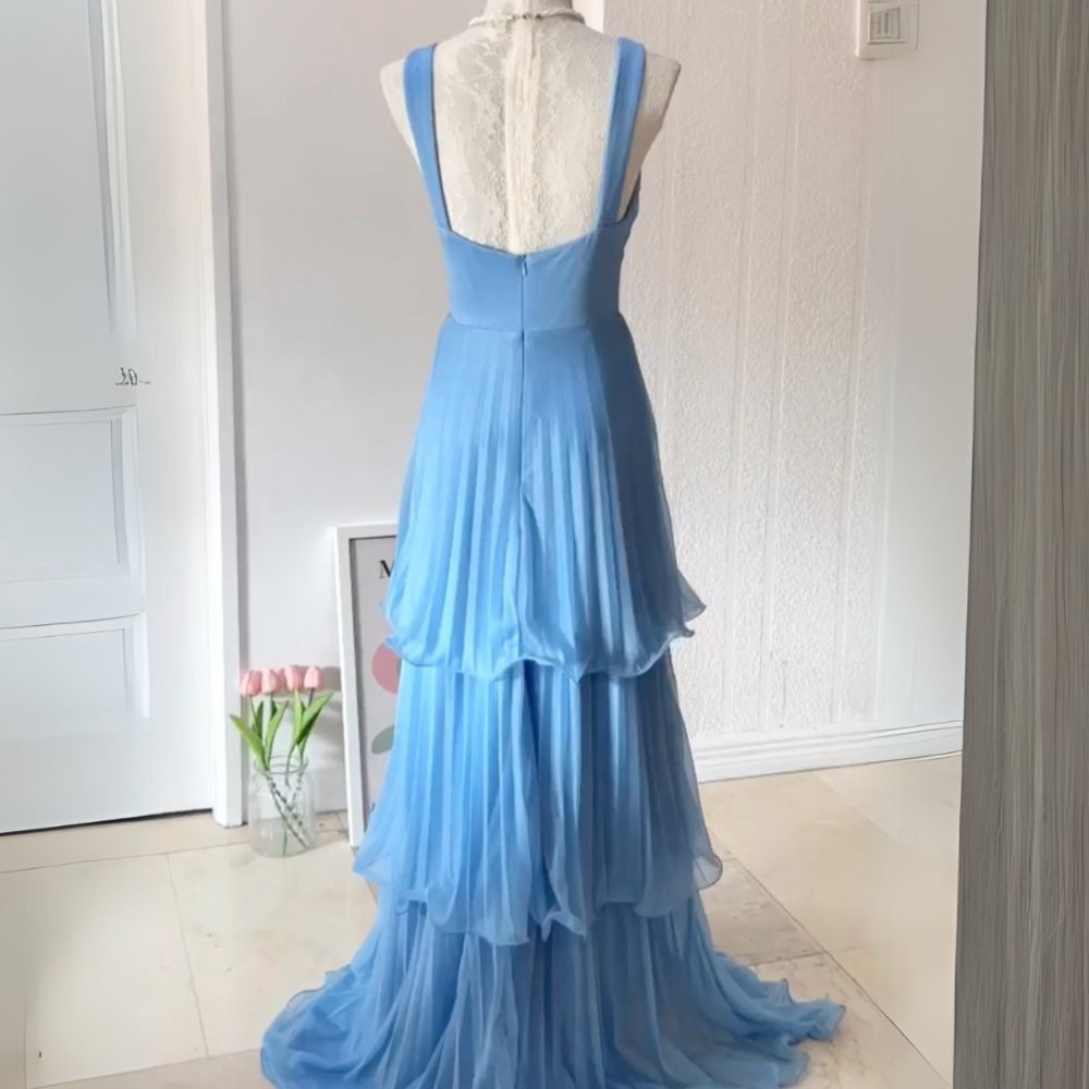 Blue Sweetheart Neck Ruffle Layered Floor Length Dress, Back