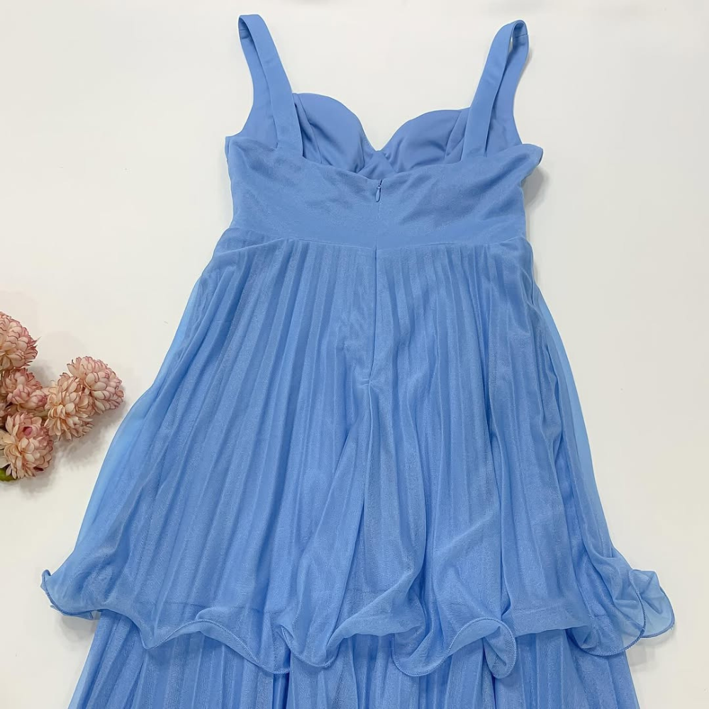 Blue Sweetheart Neck Ruffle Layered Floor Length Dress, Closeup Up Back