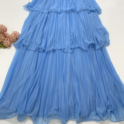 Blue Sweetheart Neck Ruffle Layered Floor Length Dress, Close Up Skirt