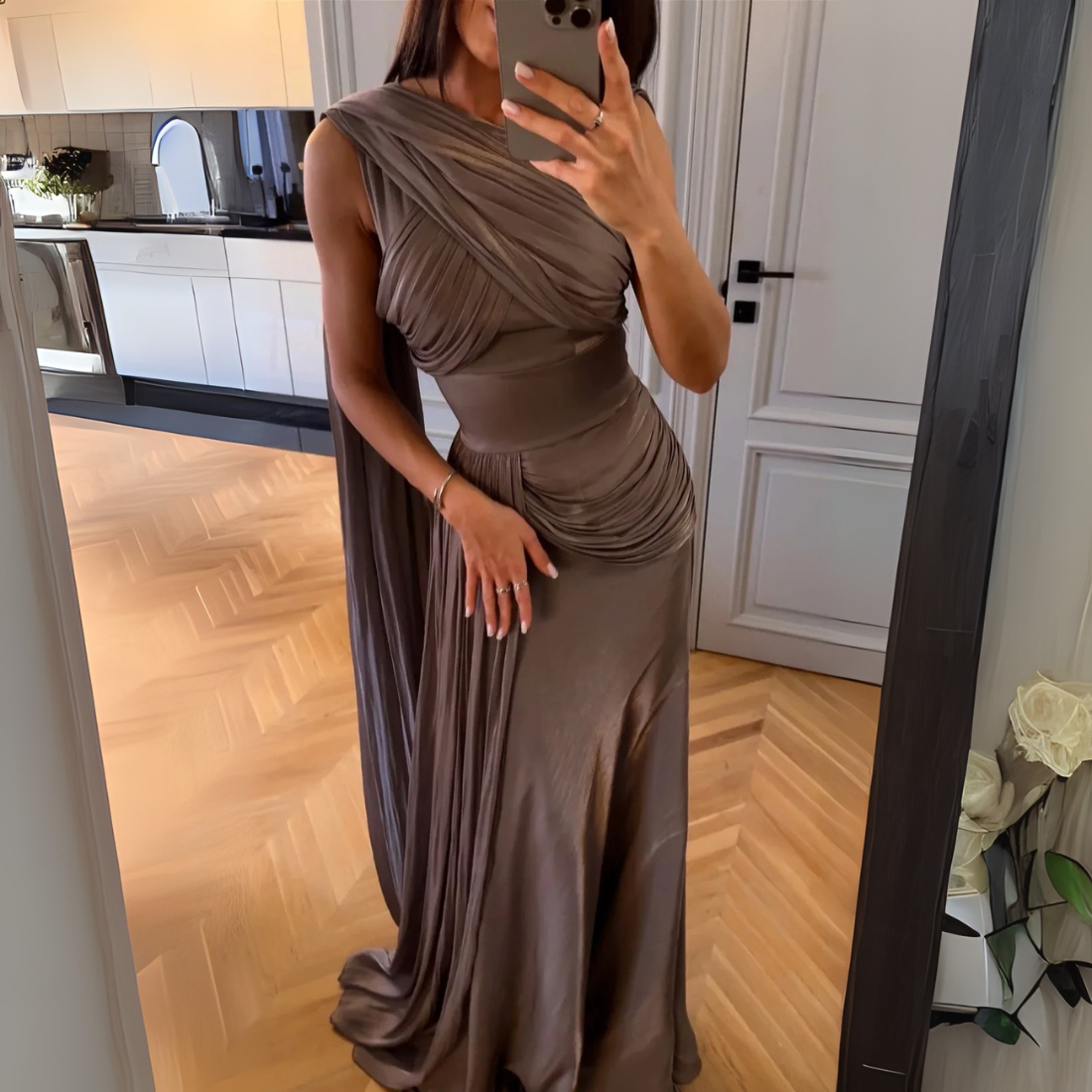 Brown Drape One Shoulder Ruched Satin Floor-Length Dress, Front