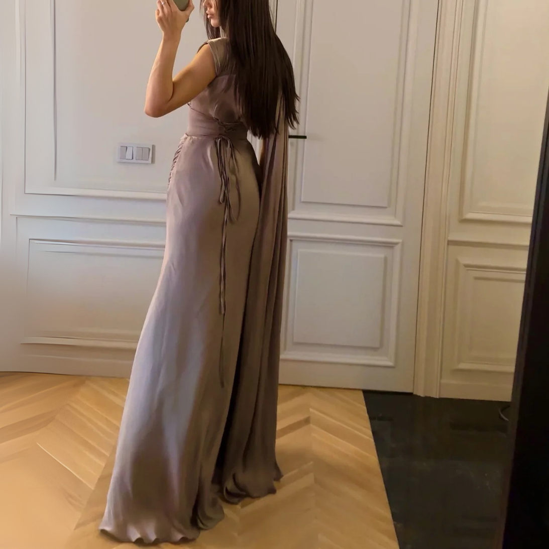 Brown Drape One Shoulder Ruched Satin Floor-Length Dress, Back