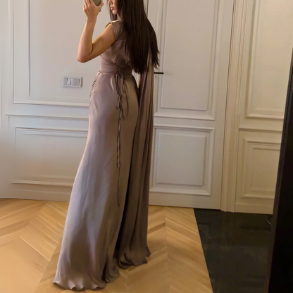 Brown Drape One Shoulder Ruched Satin Floor-Length Dress, Back