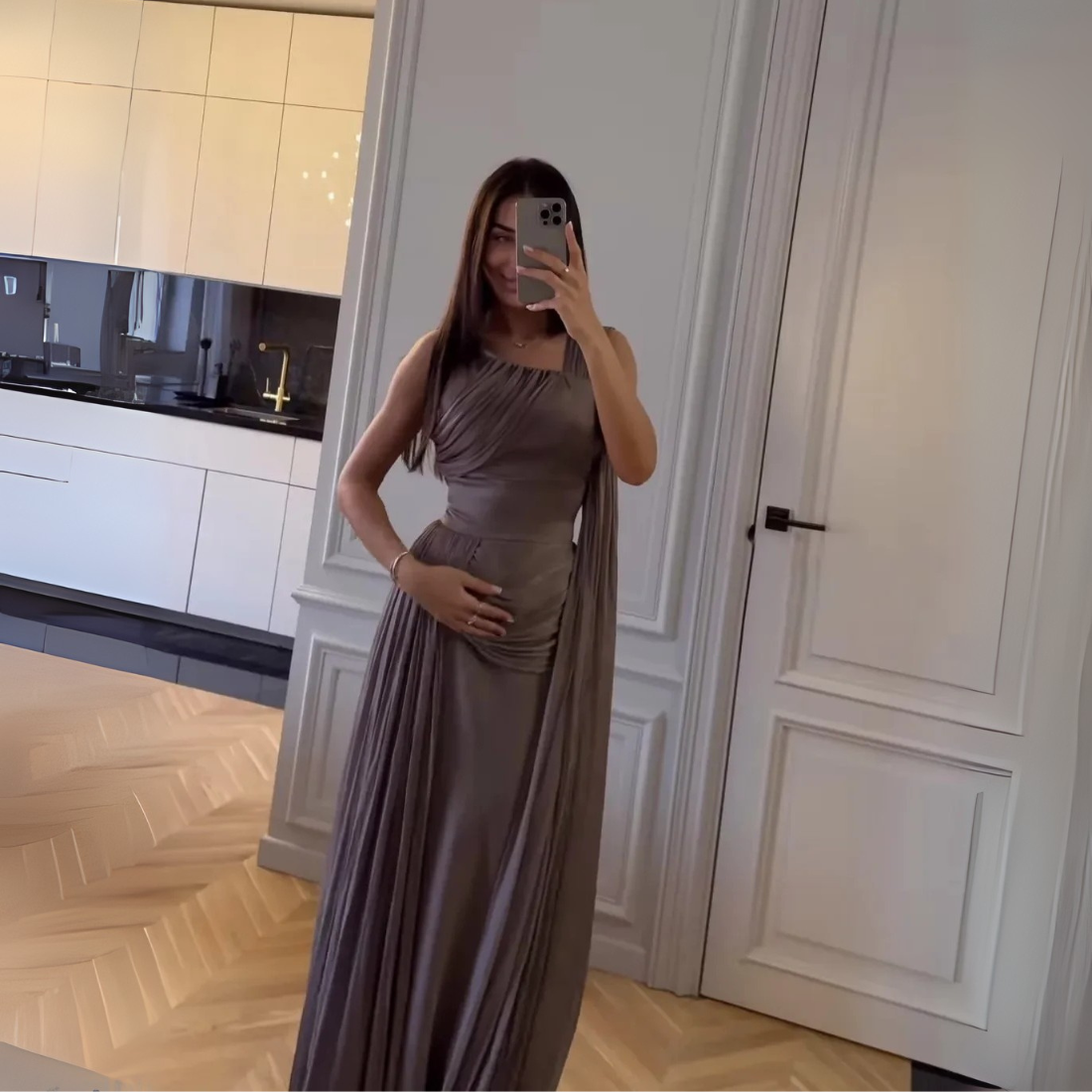 Brown Drape One Shoulder Ruched Satin Floor-Length Dress, front 2