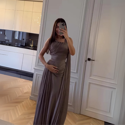 Brown Drape One Shoulder Ruched Satin Floor-Length Dress, front 2
