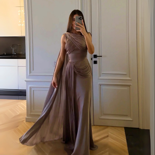 Brown Drape One Shoulder Ruched Satin Floor-Length Dress