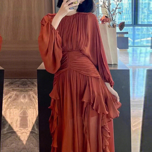 Brown Orange Ruffle Long Puff Sleeves Maxi Dress, Front
