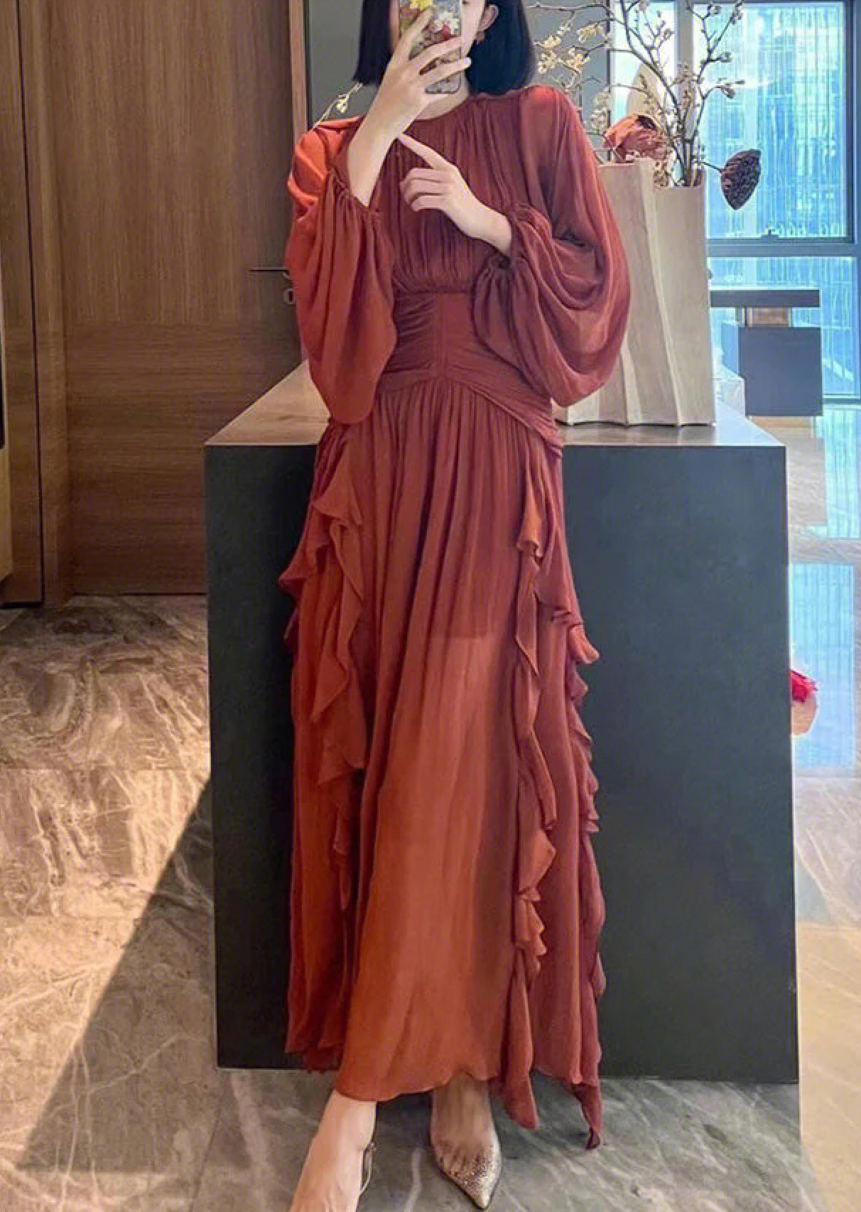 Brown Orange Ruffle Long Puff Sleeves Maxi Dress, Full Body Shot 2