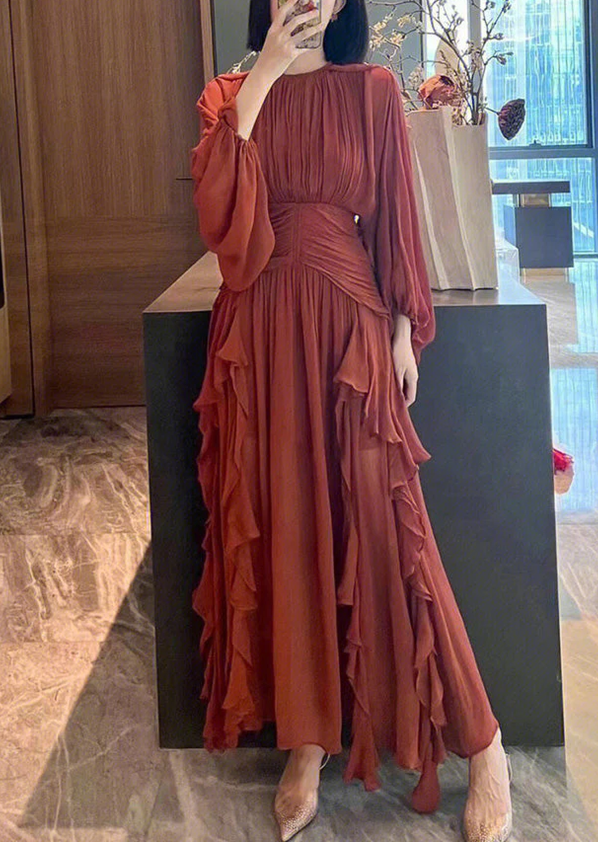 Brown Orange Ruffle Long Puff Sleeves Maxi Dress, Full Body Shot