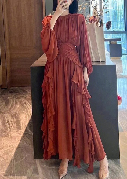 Brown Orange Ruffle Long Puff Sleeves Maxi Dress, Full Body Shot