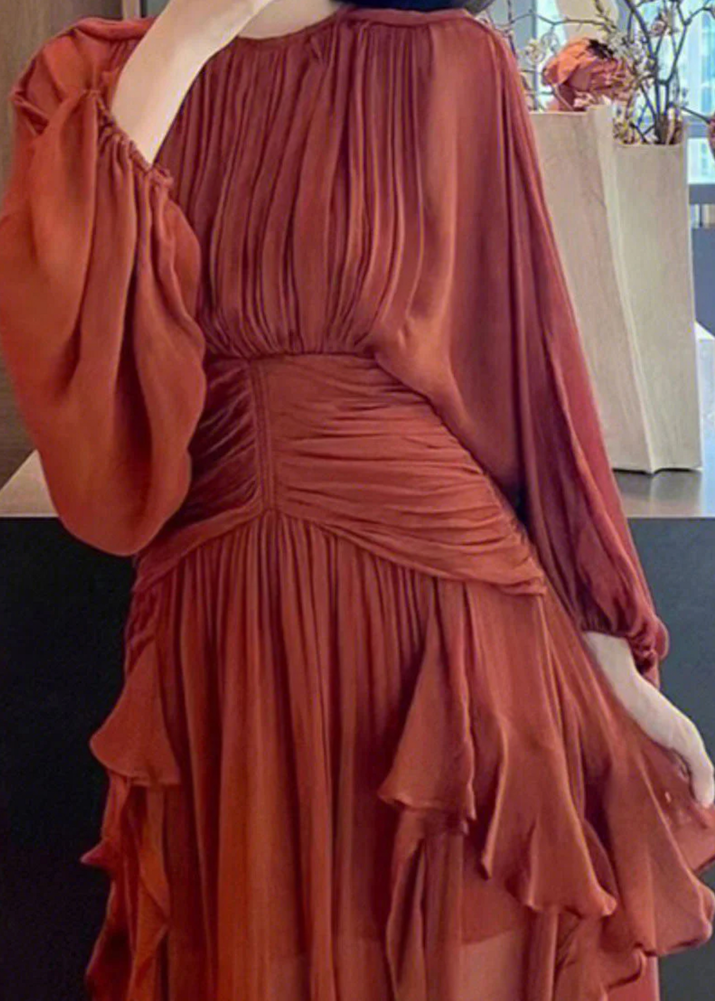 Brown Orange Ruffle Long Puff Sleeves Maxi Dress, Close Up