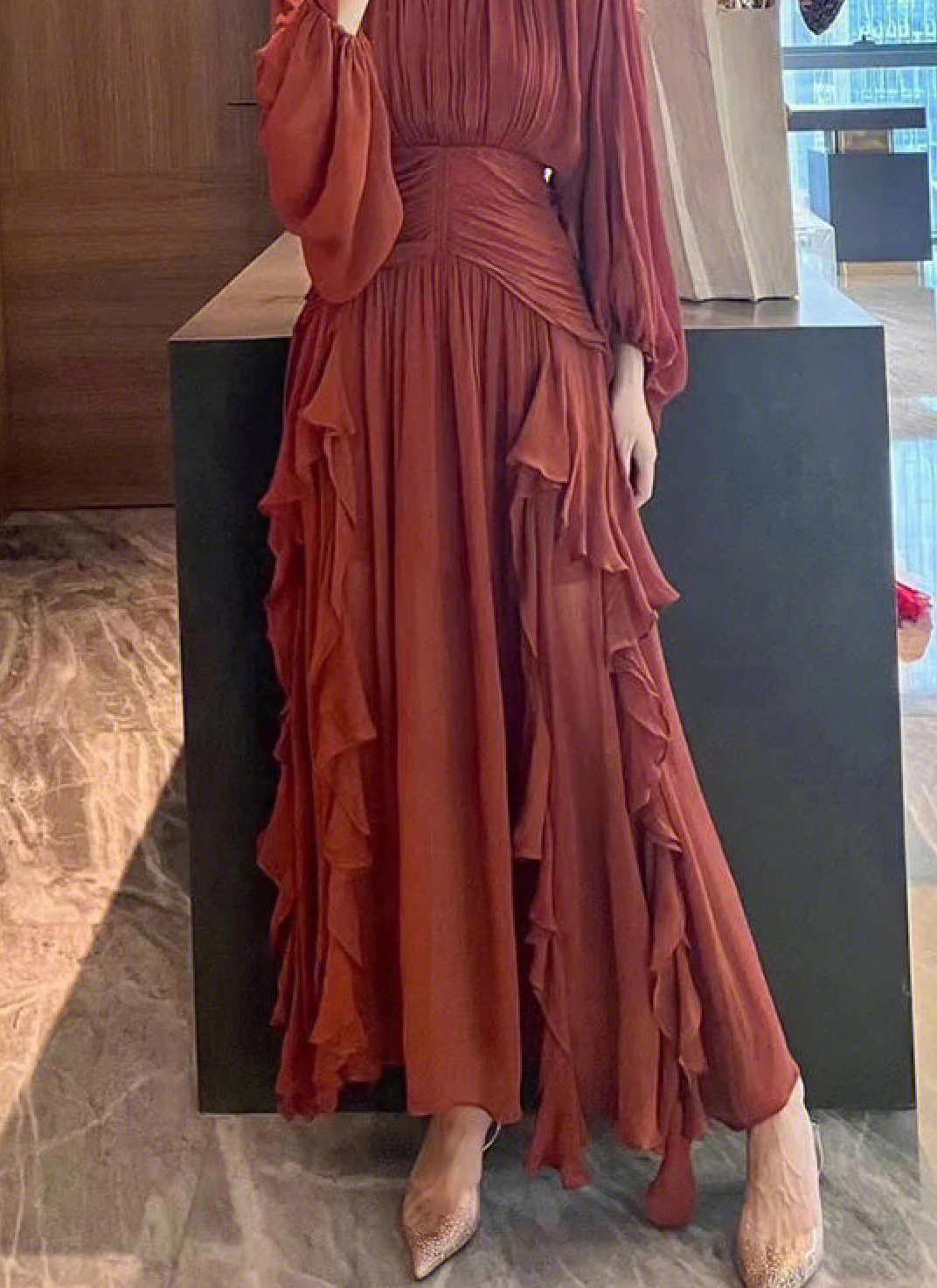 Brown Orange Ruffle Long Puff Sleeves Maxi Dress, Bottom