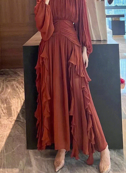 Brown Orange Ruffle Long Puff Sleeves Maxi Dress, Bottom