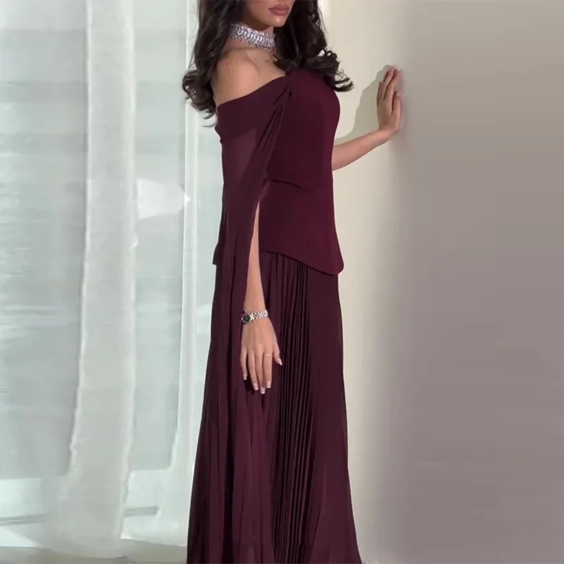 Burgundy Off Shoulder Drape Sleeves Pleated Long Dress, Left