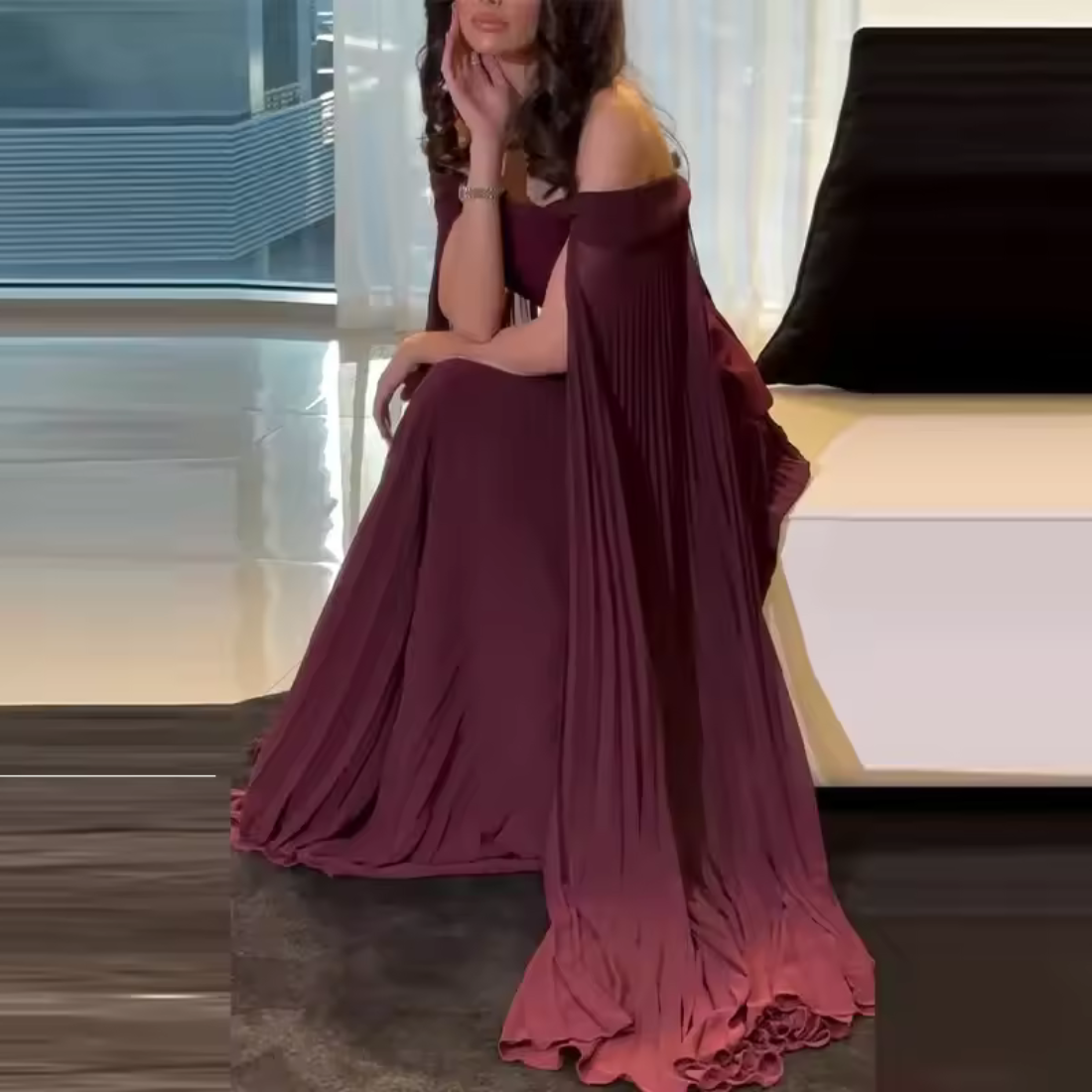 Burgundy Off Shoulder Drape Sleeves Pleated Long Dress, Right