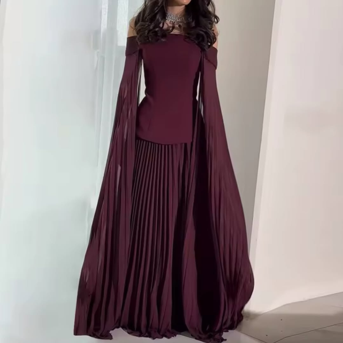 Burgundy Off Shoulder Drape Sleeves Pleated Long Dress, Front