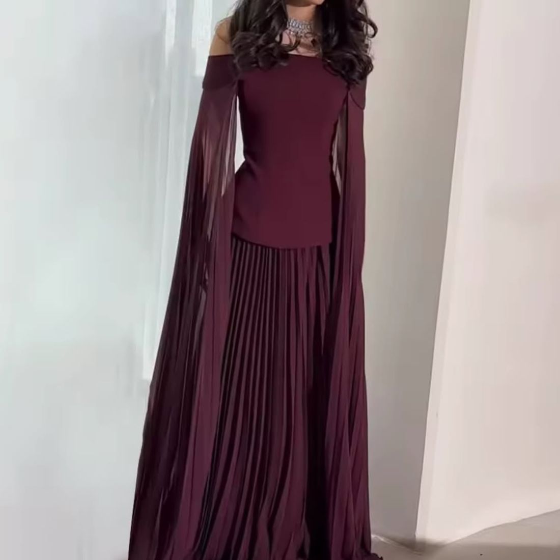 Burgundy Off Shoulder Drape Sleeves Pleated Long Dress, Front 2