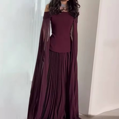 Burgundy Off Shoulder Drape Sleeves Pleated Long Dress, Front 2