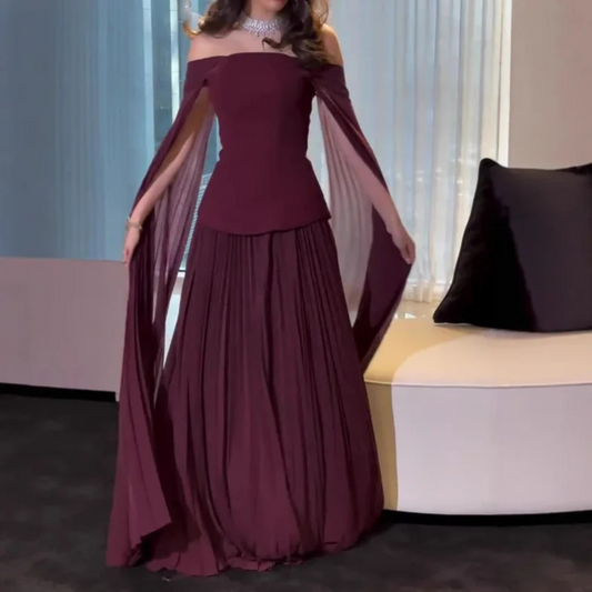 Burgundy Off Shoulder Drape Sleeves Pleated Long Dress
