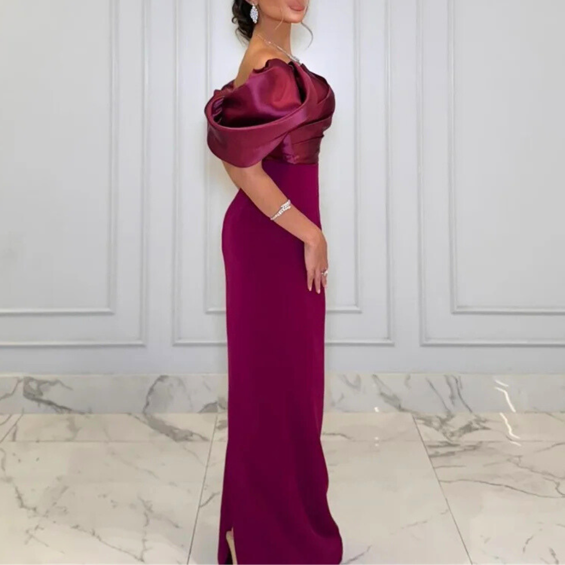 Burgundy Off Shoulder Puff Pleated Slim Evening Gown, Left