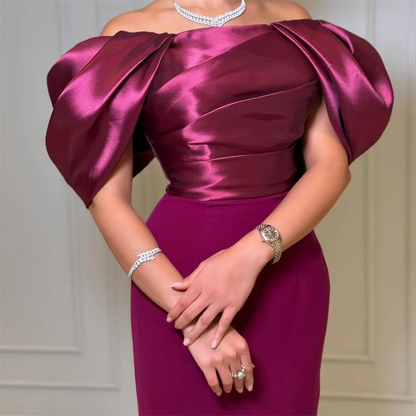 Burgundy Off Shoulder Puff Pleated Slim Evening Gown, Close Up