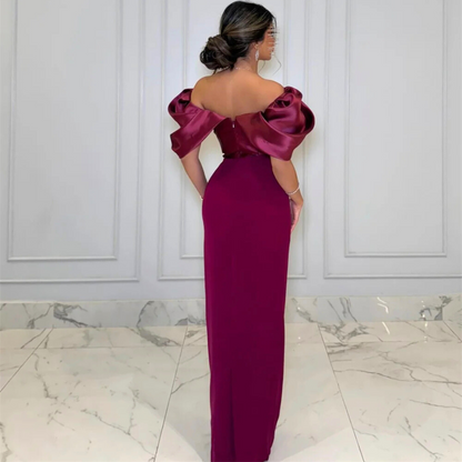 Burgundy Off Shoulder Puff Pleated Slim Evening Gown, Back