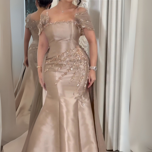 Champagne Gold Satin Sequined Mermaid Off Shoulder Gown