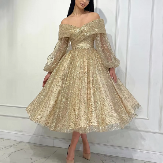 Champagne Gold Sparkly Tulle Off Shoulder Prom Dress
