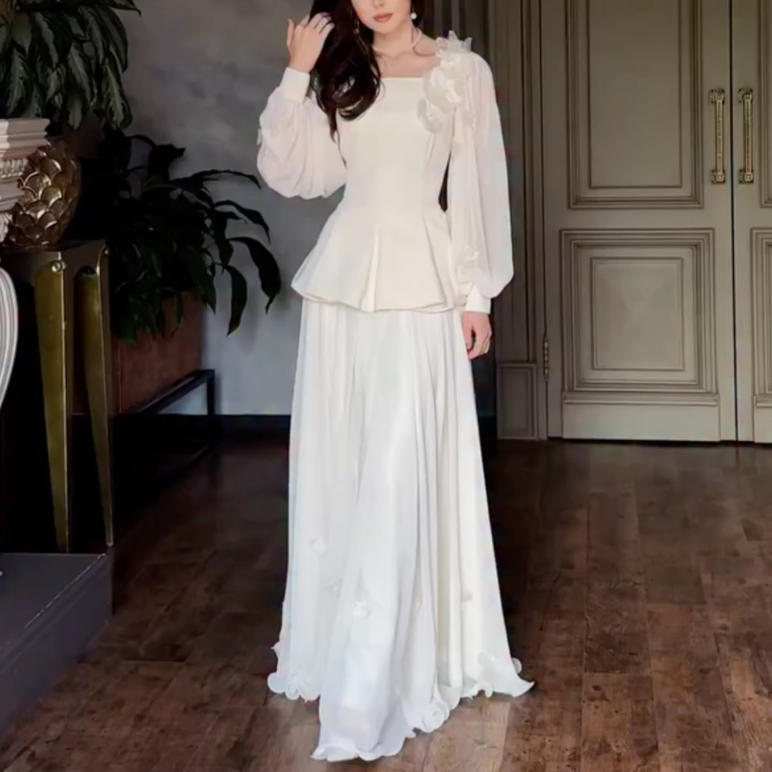 Cream Modest Flower Square Neck A-Line Long Dress