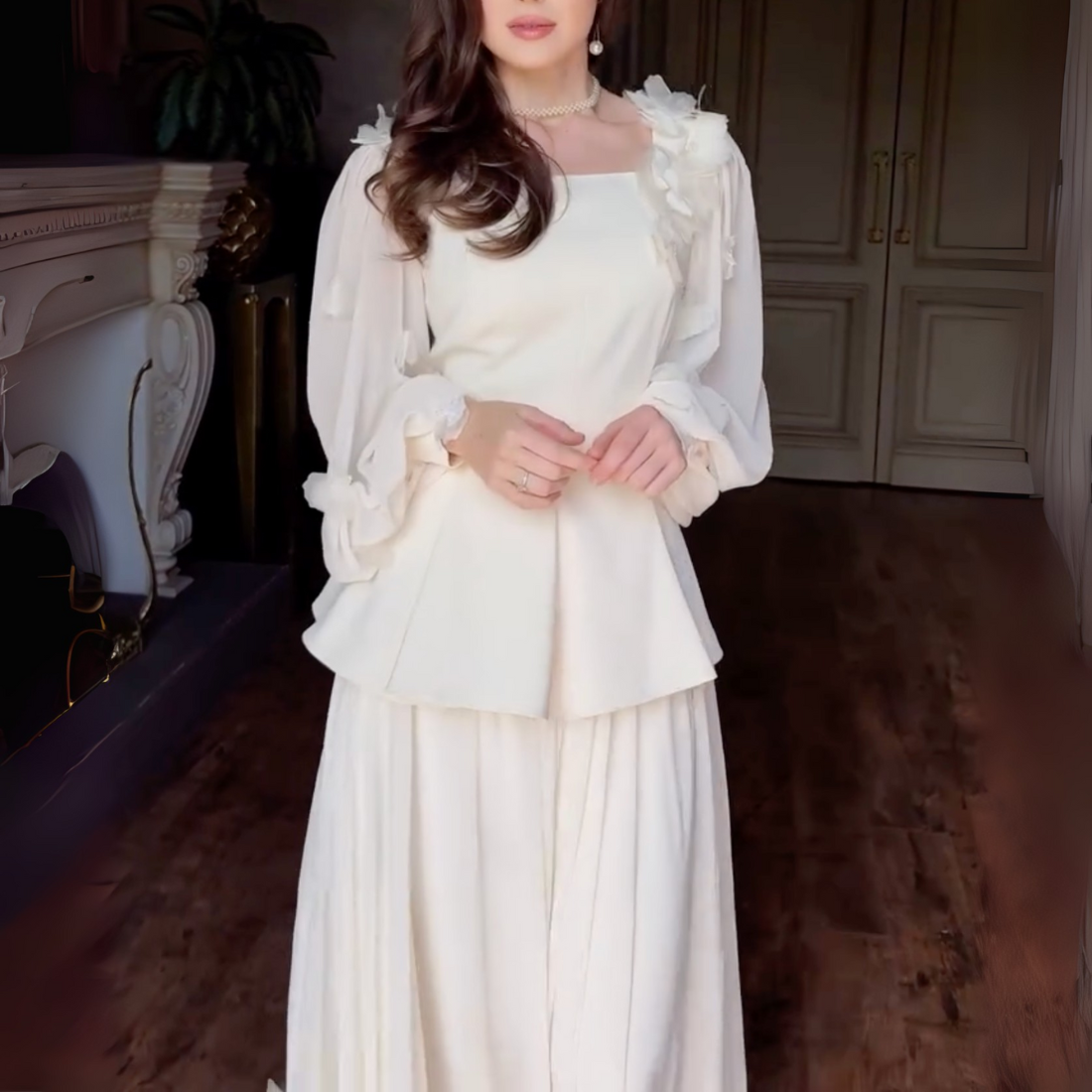 Cream Modest Flower Square Neck A-Line Long Dress, Close Up